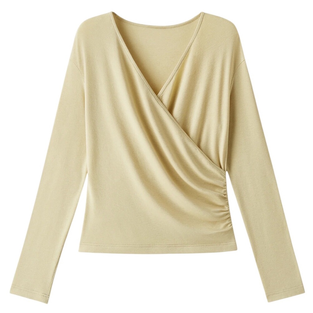 OGL Wool Surplice Ruched Long Sleeve Top Biscotti Size XL New with Tags